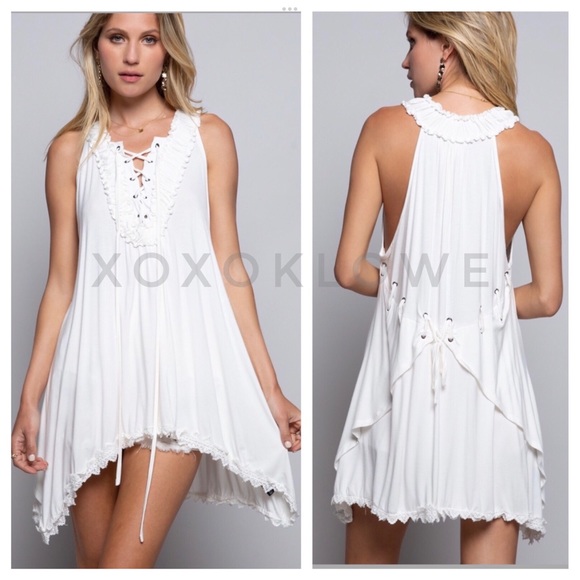 POL Tops - LAST ONE POL Ivory Tunic Top Lace Up Uneven Hem